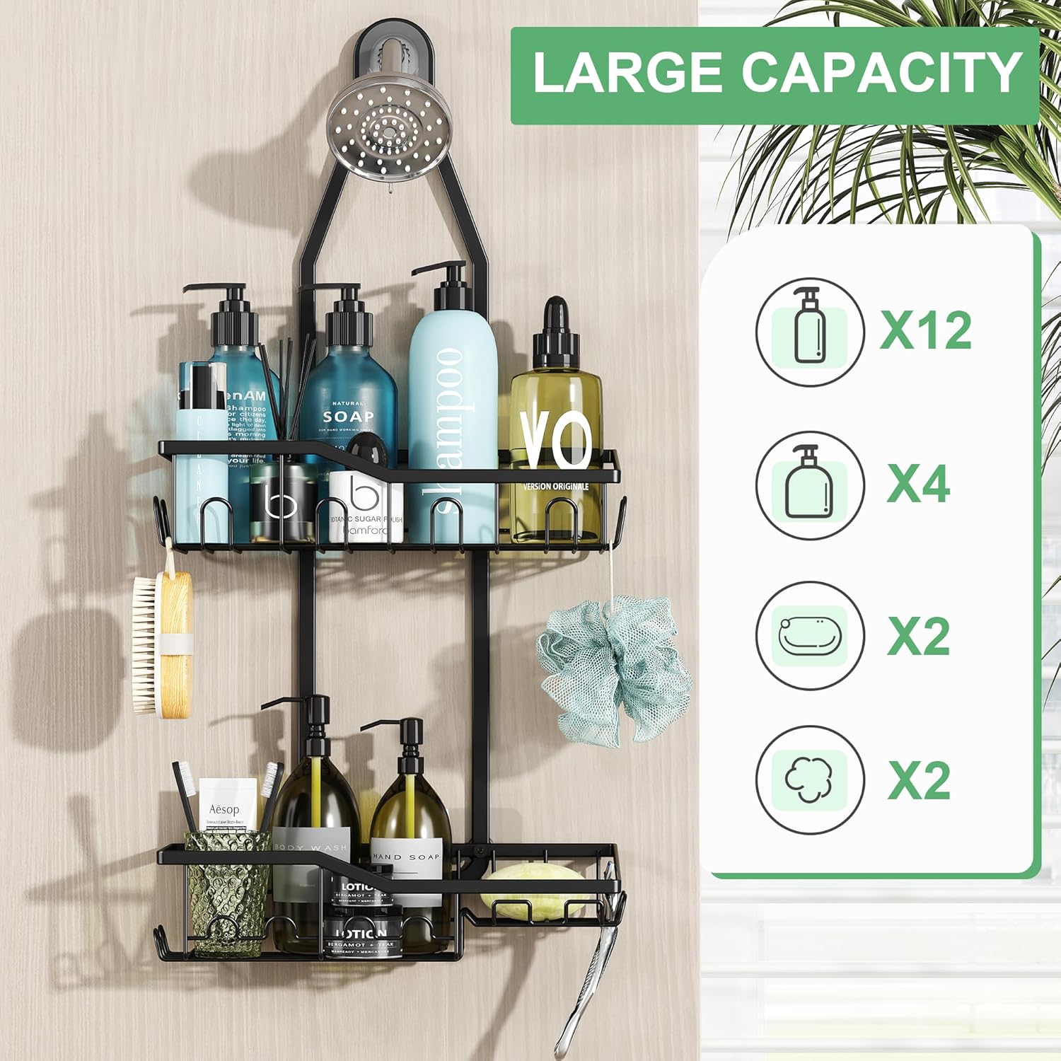 Regine Switzerland Shower Caddy - Rustproof 2-Tier Hanging Bathroom Organizer with 18 Hooks | Non-Slip Design