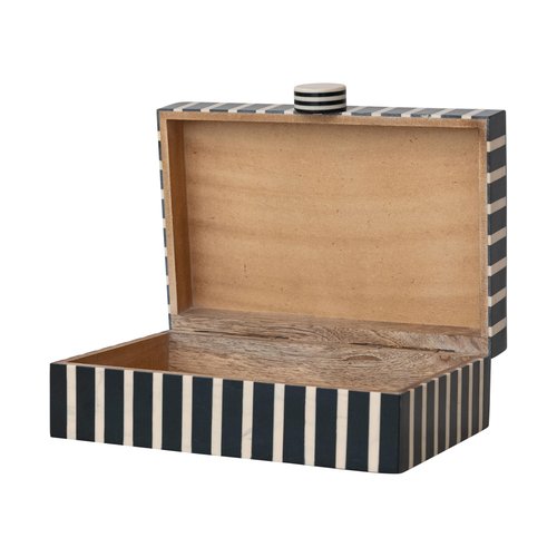 Creative Co-Op Handmade Mango Wood and Resin Striped Storage Box with Knob, Black, Tan & Natural