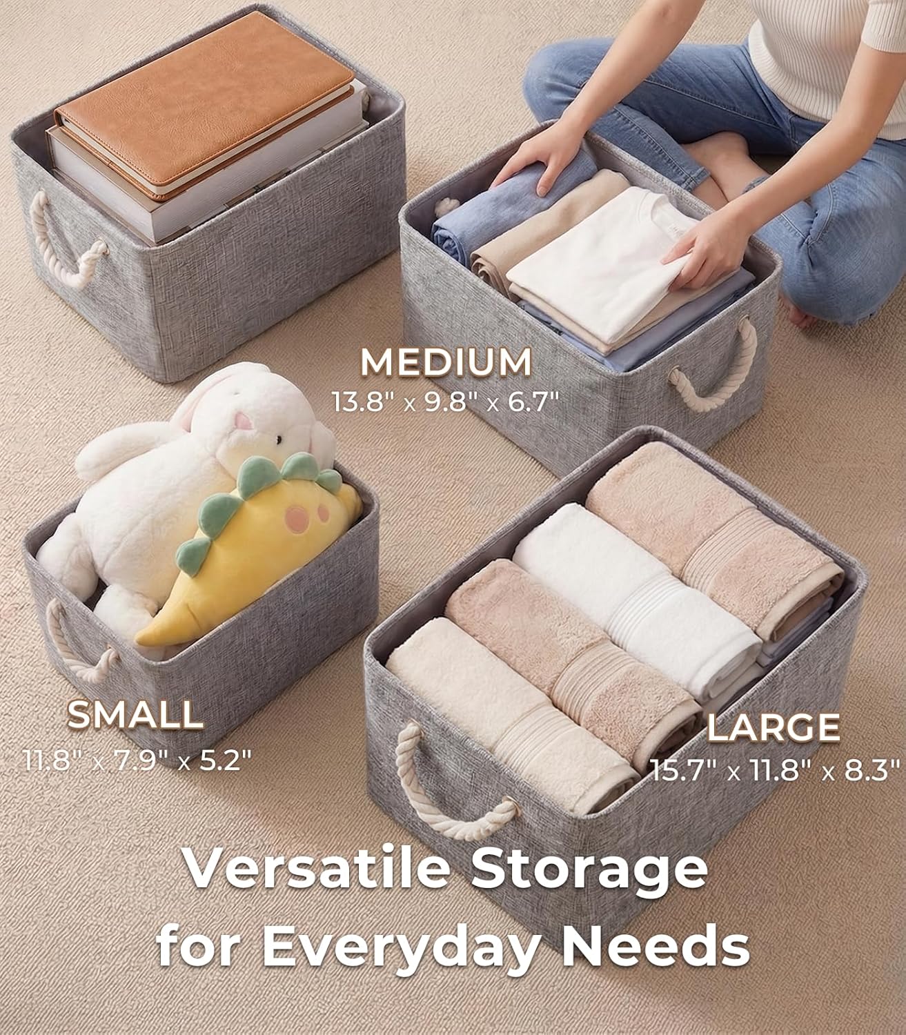 TheWarmHome Storage Bins - Grey Fabric Storage Baskets for Organizing | 11.8x7.9x5.2 Inch Closet Organizer