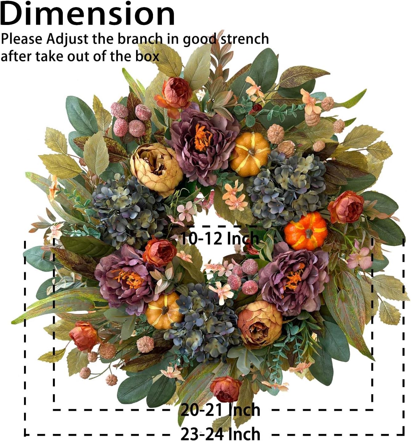 WANNA-CUL 24 Inch Fall Wreath - Blue Hydrangea & Purple Peony | Autumn Door Decoration