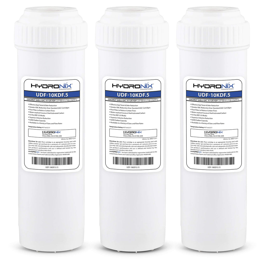 Hydronix HX-UDF-10KDF.5/3 Chlorine Cto Heavy Metals Bacteria Scale Reduction Water Filter with 0.5 Lb KDF, 2.5" x 10", 3 Pack, White