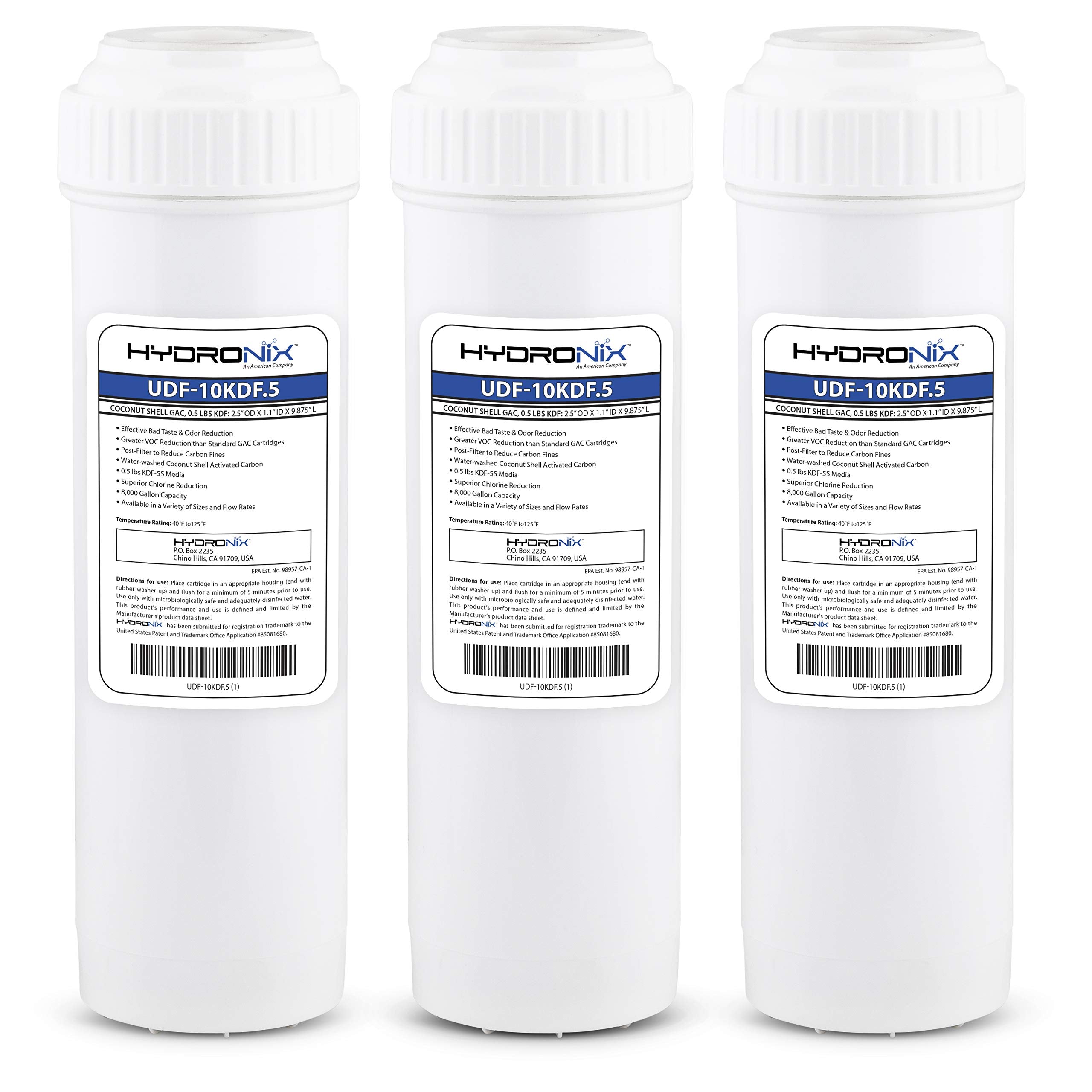 Hydronix HX-UDF-10KDF.5/3 Chlorine Cto Heavy Metals Bacteria Scale Reduction Water Filter with 0.5 Lb KDF, 2.5" x 10", 3 Pack, White