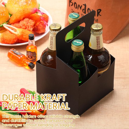 Jetec 100 Pcs 50 Pcs 4 Cup Drink Carrier with Handle, Kraft Paperboard Beer Carrier, Disposable Drink Holder for Hot or Cold Drinks, 12-16 oz Bottle Holder for Food Delivery Beverages (Black)