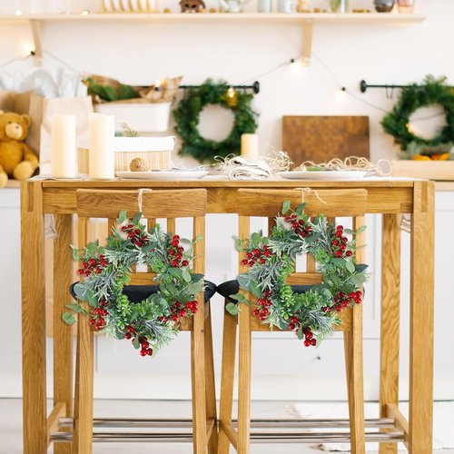 Daifunli Mini Wreaths - 8 Pcs 10 Inch Christmas Candle Rings with Red Berries & Eucalyptus Decor