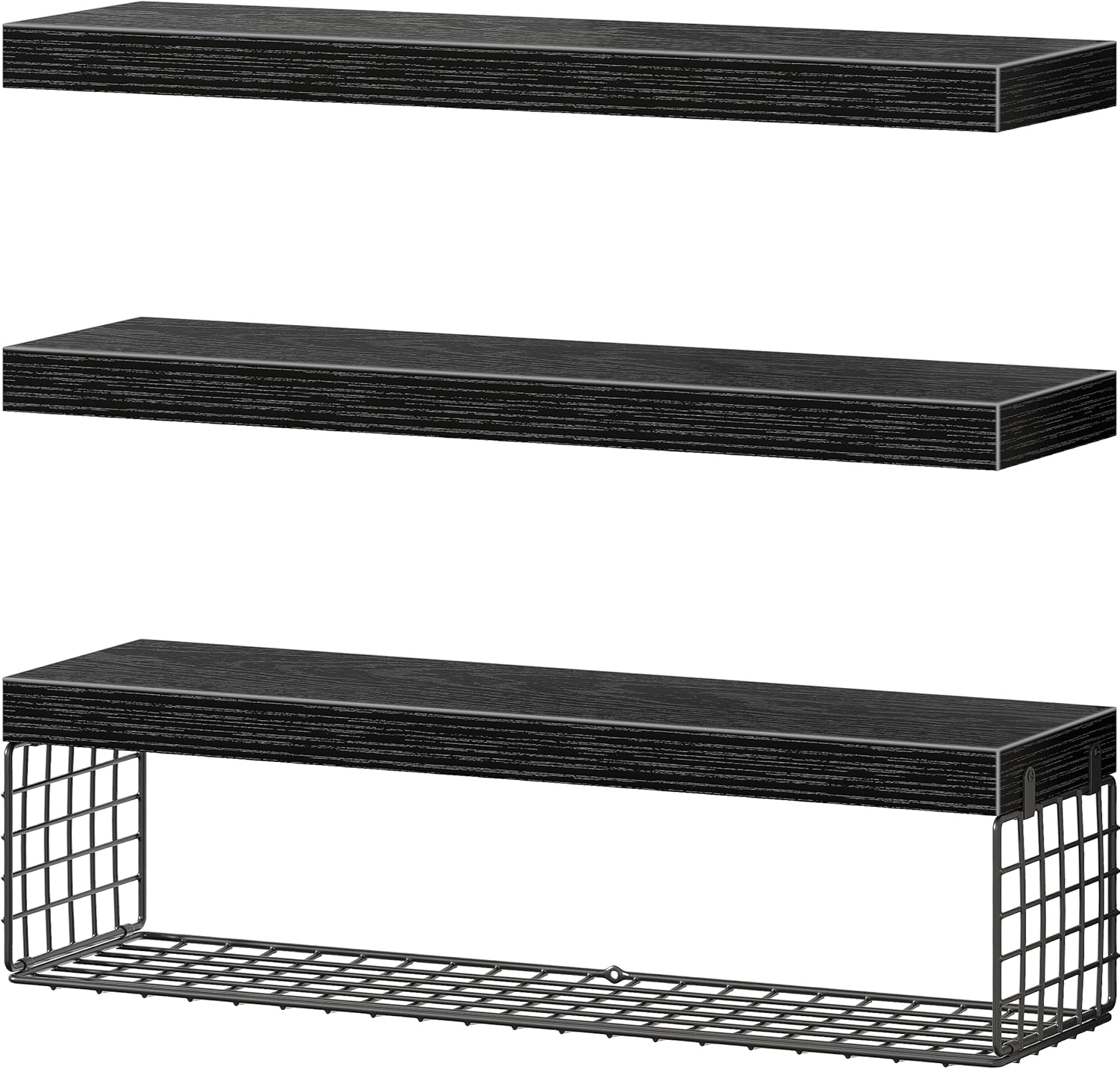 QEEIG Floating Bathroom Shelves - 24-Inch Wall Storage for Toilet Paper | Set of 3, Black