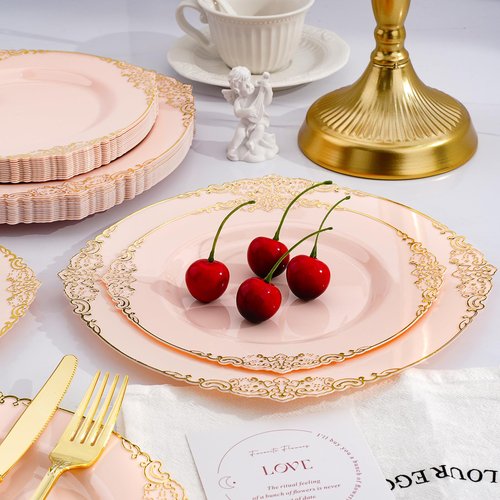Realluck 350 PCS Pink and Gold Plastic Plates, Plastic Dinnerware Set for 50 Guests, 100 Disposable Plates, 150 Silverwares, 50 Cups, 50 Napkins for Party, Wedding, Graduation