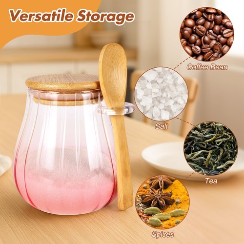 Arrozon 15 oz Pink Sugar Bowl with Bamboo Lid and Spoon,Pink Kitchen Decor and Accessories,Glass Jar with Airtight Lid, Brown Sugar Keeper, Sugar Container for Coffee Bar and office