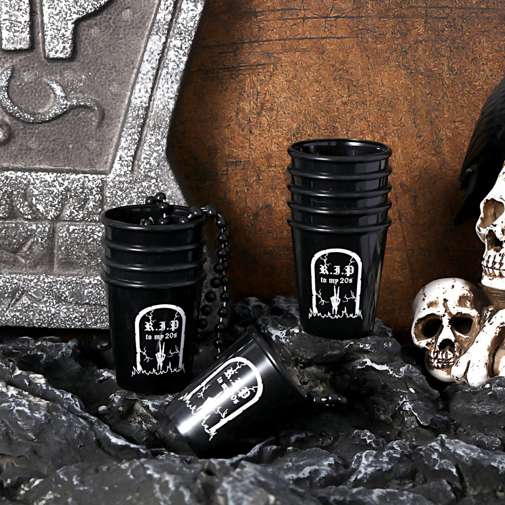 Sasylvia 24 Pcs Rip to My 20s Shot Glass Necklace Death to Twenties 30th Birthday Decorations Dirty Small Plastic Shot Cups Black Funny Birthday Party Favors Gag Gifts for Women Men Him Her