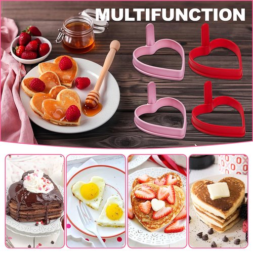 Heart Silicone Pancake Molds, 4 Pack Silicone Pancake Molds for Heart Shape Pancakes, Pancake Maker Mould Egg Rings for Griddle - Pink & Red