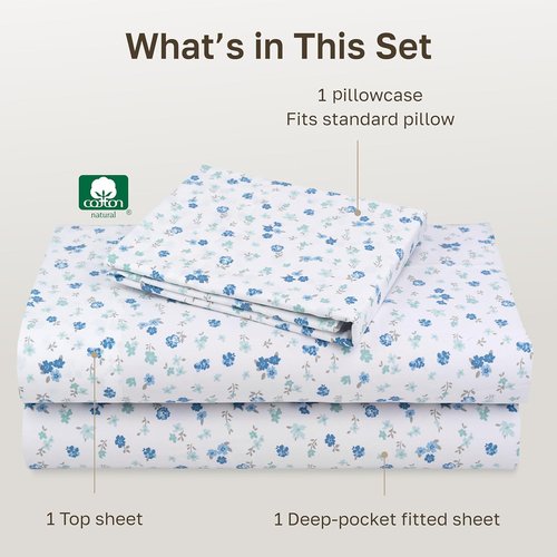 California Design Den Twin XL Cotton Sheet Set - 100% Soft, 400 Thread Count, Award-Winning Floral White/Blue Bedding