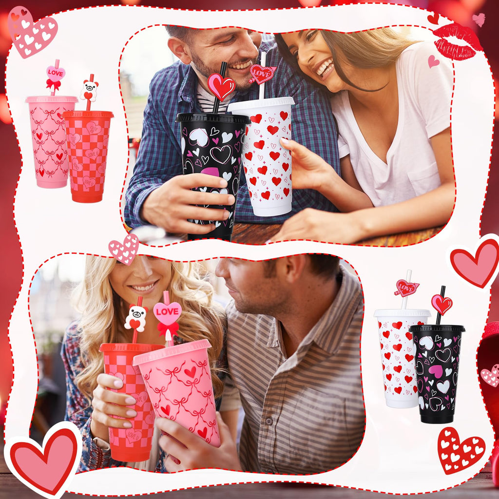 Ovveroche 12 Pcs Valentine's Day Plastic Cups with Lids and Straws and Straw Caps 24 oz Reusable Cups Travel Mug Bulk for Valentine's Day Birthday Wedding Anniversary Party Favors