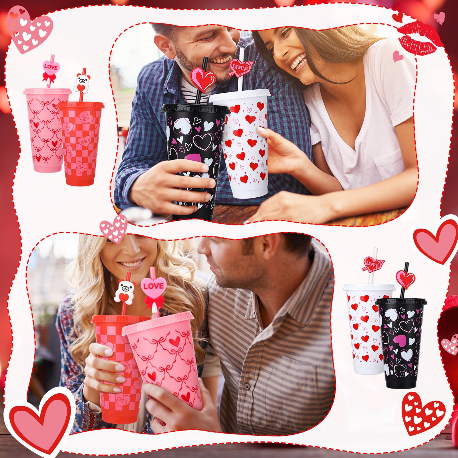Ovveroche 12 Pcs Valentine's Day Plastic Cups with Lids and Straws and Straw Caps 24 oz Reusable Cups Travel Mug Bulk for Valentine's Day Birthday Wedding Anniversary Party Favors