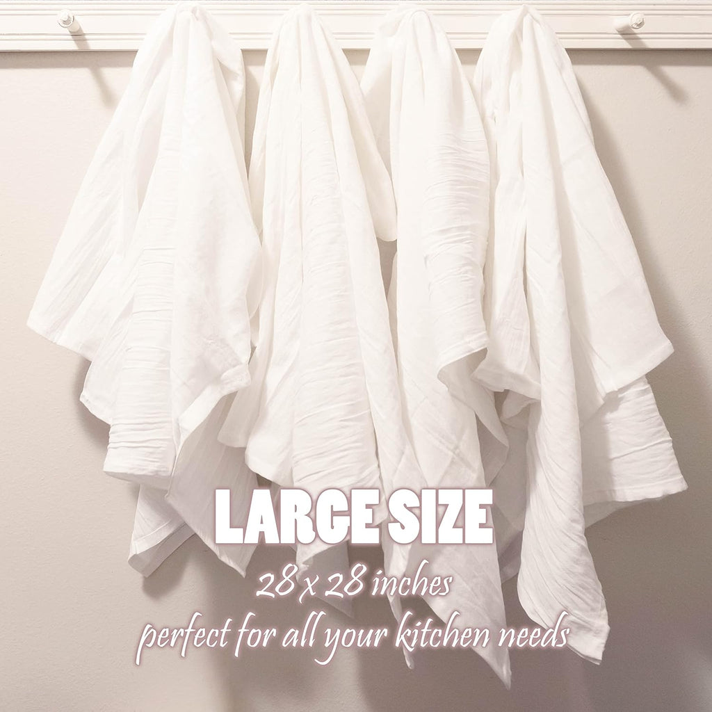 PERLLI Kitchen Flour Sack Dish Towels - 12 Pack, 28x28 Inches, Lint-Free, 100% Cotton, Highly Absorbent, White
