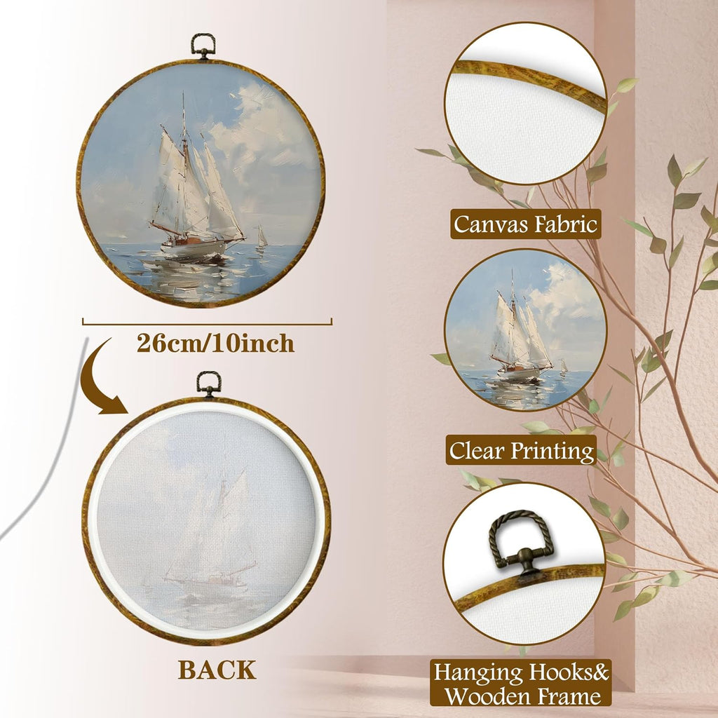 Shiviody Coastal Sailboats Canvas Wall Art - Nautical Ocean Decor for Beach House | 10"x10" Round Print