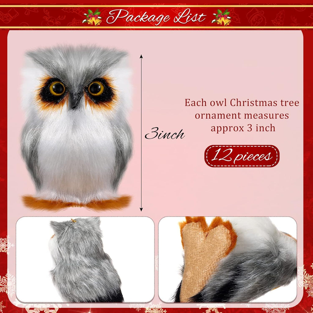 Sratte Christmas Owl Ornament - Cute Furry Hanging Decorations for Tree | 12 Pcs White Set