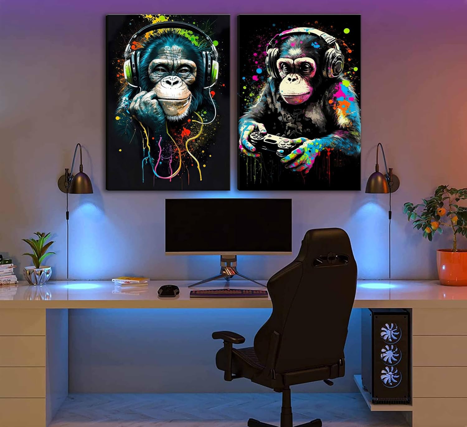 **Graffiti Gaming Canvas Wall Art - Vintage Watercolor Chimpanzee Poster for Boys' Game Room Decor**