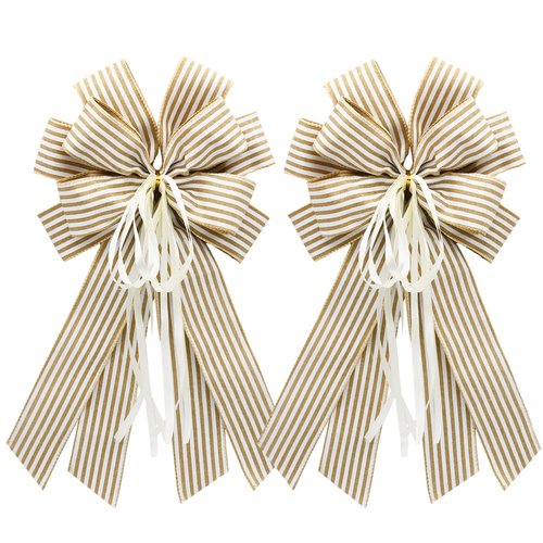 Craflox Christmas Netural Striped Wreath Bows, 2Pcs Farmhouse Beige Striped Burlap Bows Tree Ornaments Decor, Hanging Ornament Bow for Wedding, Holiday and Party Decor