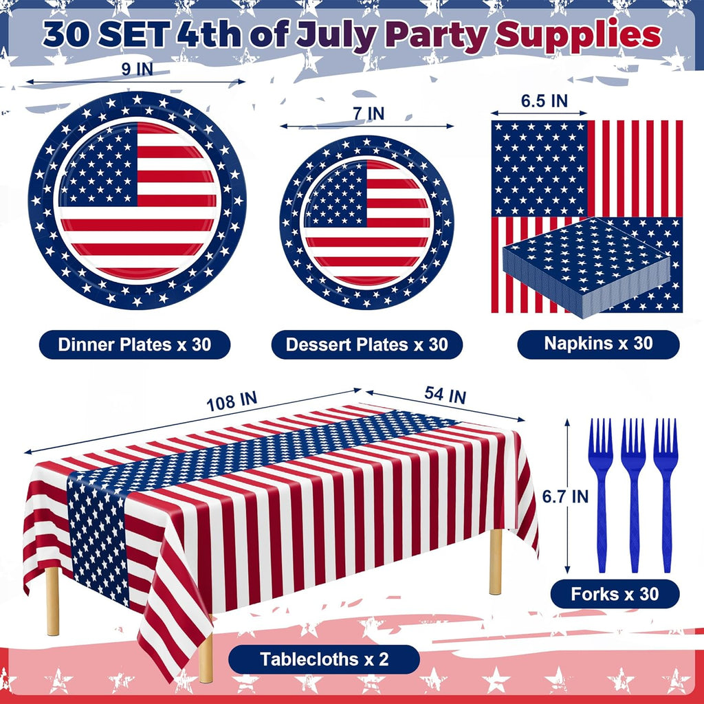 QZYL 122 PCS 4th of July Decorations - Patriotic Plates, Napkins & Tableware Set | American Flags Design