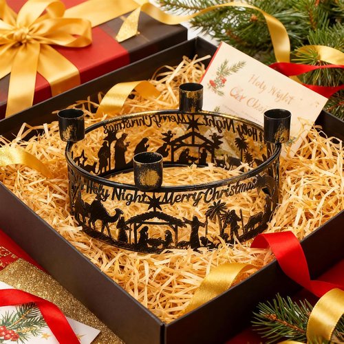 Blulu Advent Wreath Candle Holder - Rustic Nativity Scene Metal Jesus Centerpiece for Christmas Decor