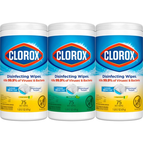 Clorox Disinfecting Cleaning Wipes for Spring Cleaning & Allergy Season, Bleach Free, Fresh Scent and Crisp Lemon, 75 Count Each, Pack of 3