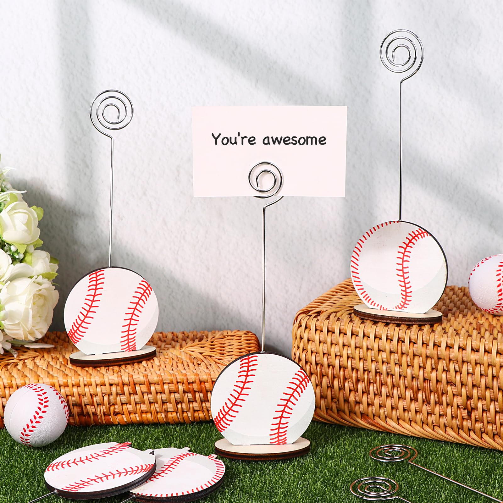 LIUBUJINGYING 24 Pcs Sports Ball Base Memo Clips Baseball Shaped Metal Wire Table Number Holders Baseball Card Holder Round Place Card Stands for Picture Note Card Menu Wedding Party Office