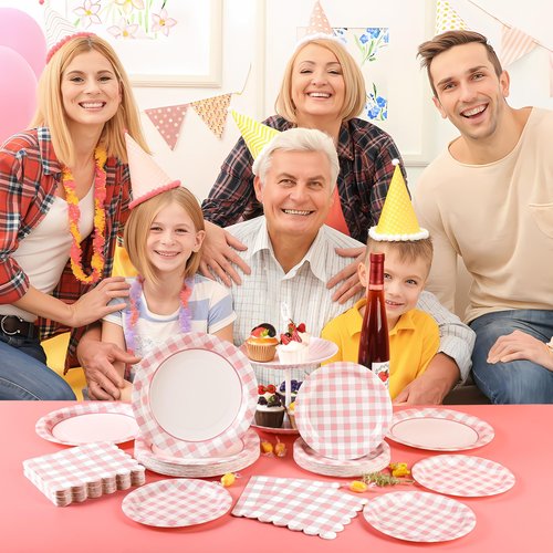 175Pcs Pink Gingham Party Supplies Pink Gingham Paper Plates and Napkins Cups Checkered Plates Disposable LightPink and White Plaid Party Decor for Birthday Family Fall Picnic BBQ,Serves 25 Guests