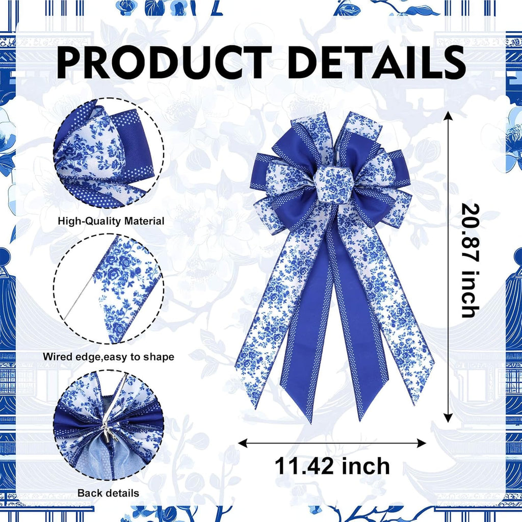 Chinoiserie Wreath Bow by Blue - 21 Inch Large Floral Wired Ribbon for Spring Door Decor