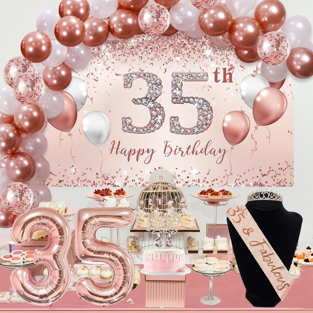 Trgowaul 35th Birthday Decorations Set - Rose Gold Balloon Arch, Banner, Tablecloth & Tiara | Pink & Gold Theme
