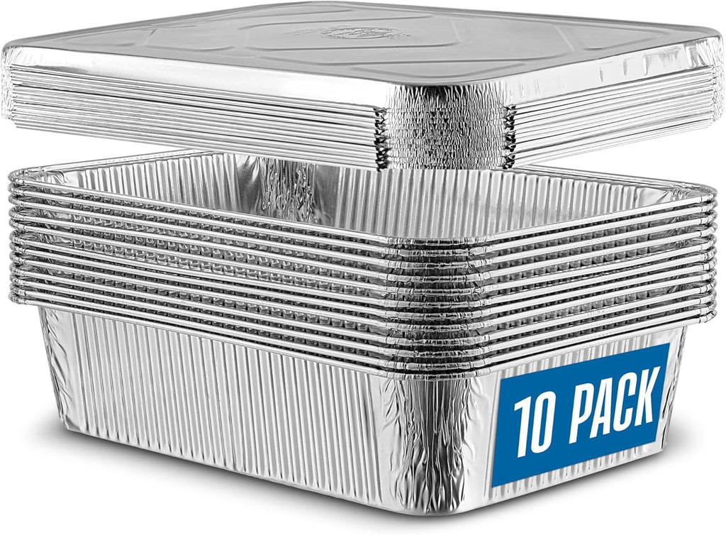 PlasticPro Aluminum Pans - Heavy Duty Disposable Baking Pans with Covers | 12.5'' x 9'' | 10 Pack