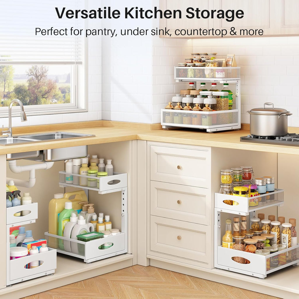 Under Sink Organizer | 2-Pack 2-Tier Pull-Out Shelf with Metal Slides & Mesh Drawers - White