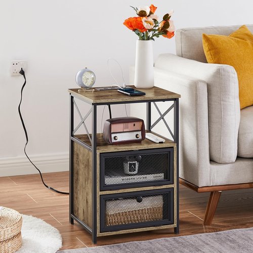 VECELO Dust Grey End Table with USB Ports and Outlets,24 Inch Nightstands with Charging Station and Storage Shelf for Bedroom,Living Room, 1 Set