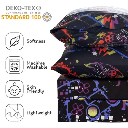 JSD Black Gaming Sheet Set Twin Size, 3 Piece Soft Kids Boys Printed Microfiber Bed Sheets Deep Pocket