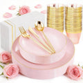 MirthMood 350PCS Pink Plastic Plates with Gold Rim – Plastic Plates Set Includes 50 Dinner,50 Dessert Plate,50 Cup&50 Napkins 150 Gold Silverware for Wedding&Birthday Parties&Valentine's Day