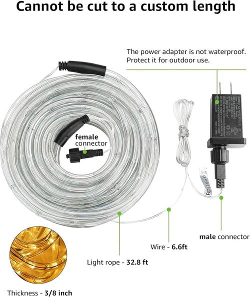 LE 33ft LED Rope Lights - 240 Warm White Lights, Waterproof & Connectable for Outdoor Use