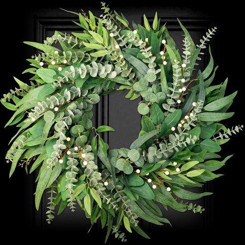 22 Inch Eucalyptus Wreaths for Front Door Year Round, Large Green Artificial Farmhouse Wreath for Home Decorations Outdoo Indoor Wall Window Porch