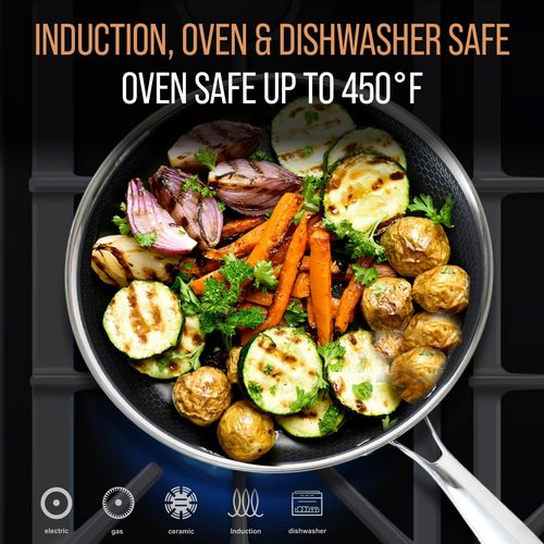 MUGAA 10” Non-Stick Stainless Steel Frying Pan with Lid | Honeycomb Hybrid Skillet for Induction, Gas & Electric Stovetops | Oven Safe, Dishwasher Safe | Premium Gift Packaging