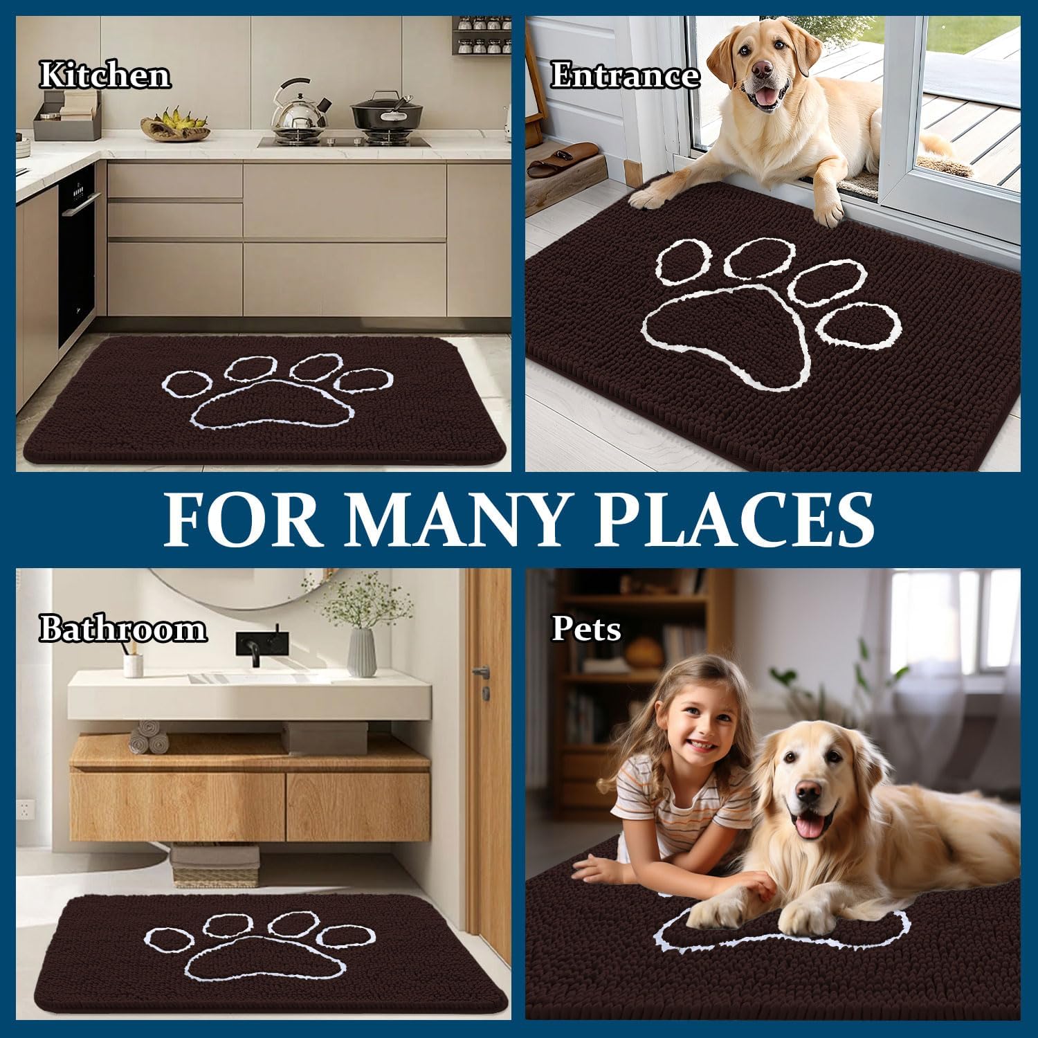 OLANLY Dog Door Mat - Absorbent Non-Slip Chenille for Muddy Paws | 47x17 Inch, Brown Paw Print Design
