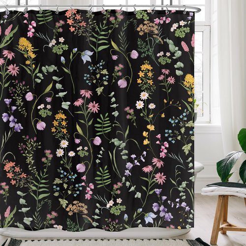 LIGHTINHOME Black Floral Shower Curtain 60Wx72H Inches Cute Dark Wildflower Rustic Flower Blossom Farmhouse Leaves Botanical Cloth Fabric Waterproof Polyester Bathroom Home Decor Set with Hooks