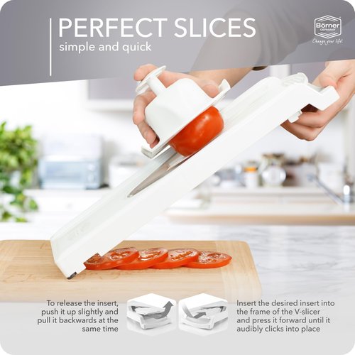 Börner Mandoline Slicer V3 (Starter Set) • V-Slicer for 5 Cutting Styles with Fruit Holder • Adjustable Vegetable Slicer for Vegetables & Fruits • Stainless Steel V-Blade • Color: White