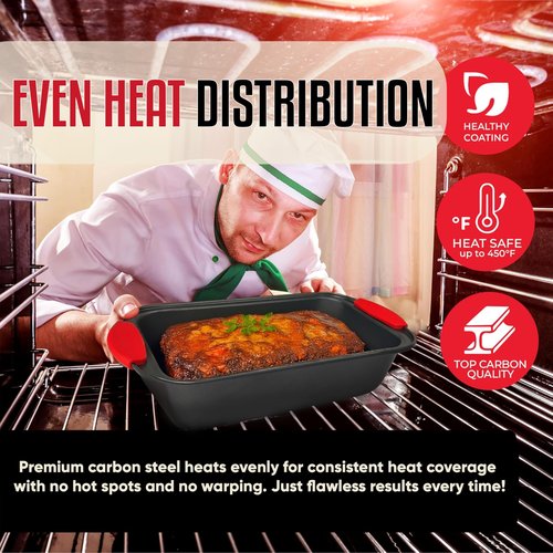 PERLLI Nonstick Loaf Pan with Silicone Grip Handles 11.75" x 6" High-Carbon Steel Bakeware for Baking Bread Cake Broiling Roasting Meat, Oven Safe (446°F)