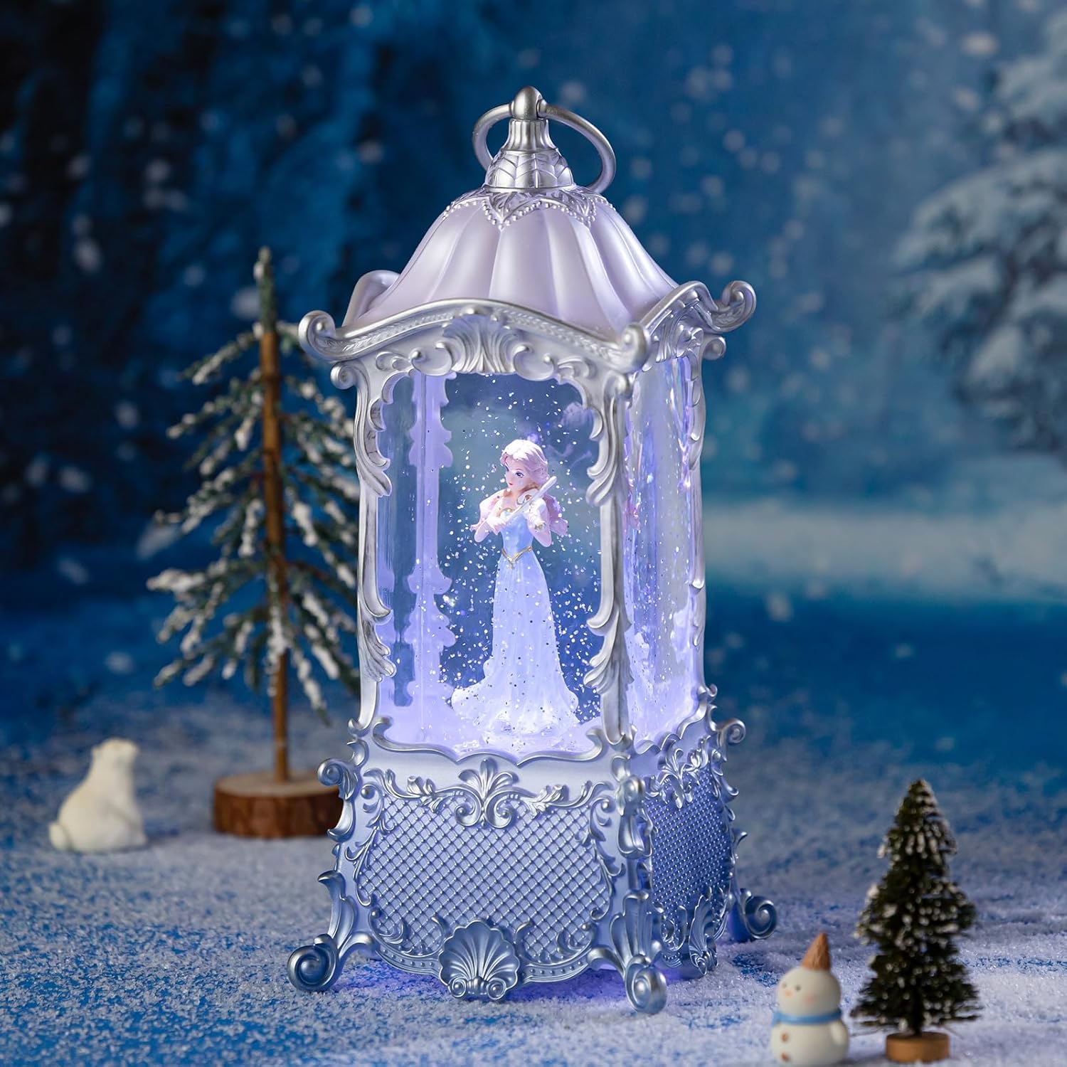 Snow Globe Lantern | Violin Girl Music Box - Shatterproof, LED Light, 8 Songs, USB/Battery Powered, Silver