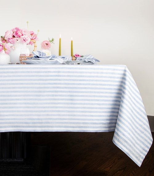 Solino Home Linen Square Tablecloth 52 x 52 Inch - Amalfi Stripe, 100% Pure Linen Sky Blue and White Table Throw - Machine Washable Tablecloth for Spring, Summer, Easter, Mothers Day
