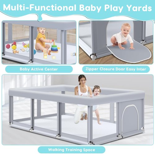 Fshibila Large Baby Playpen - Sturdy Indoor/Outdoor Playard with Soft Mesh | 74" x 50" - Grey