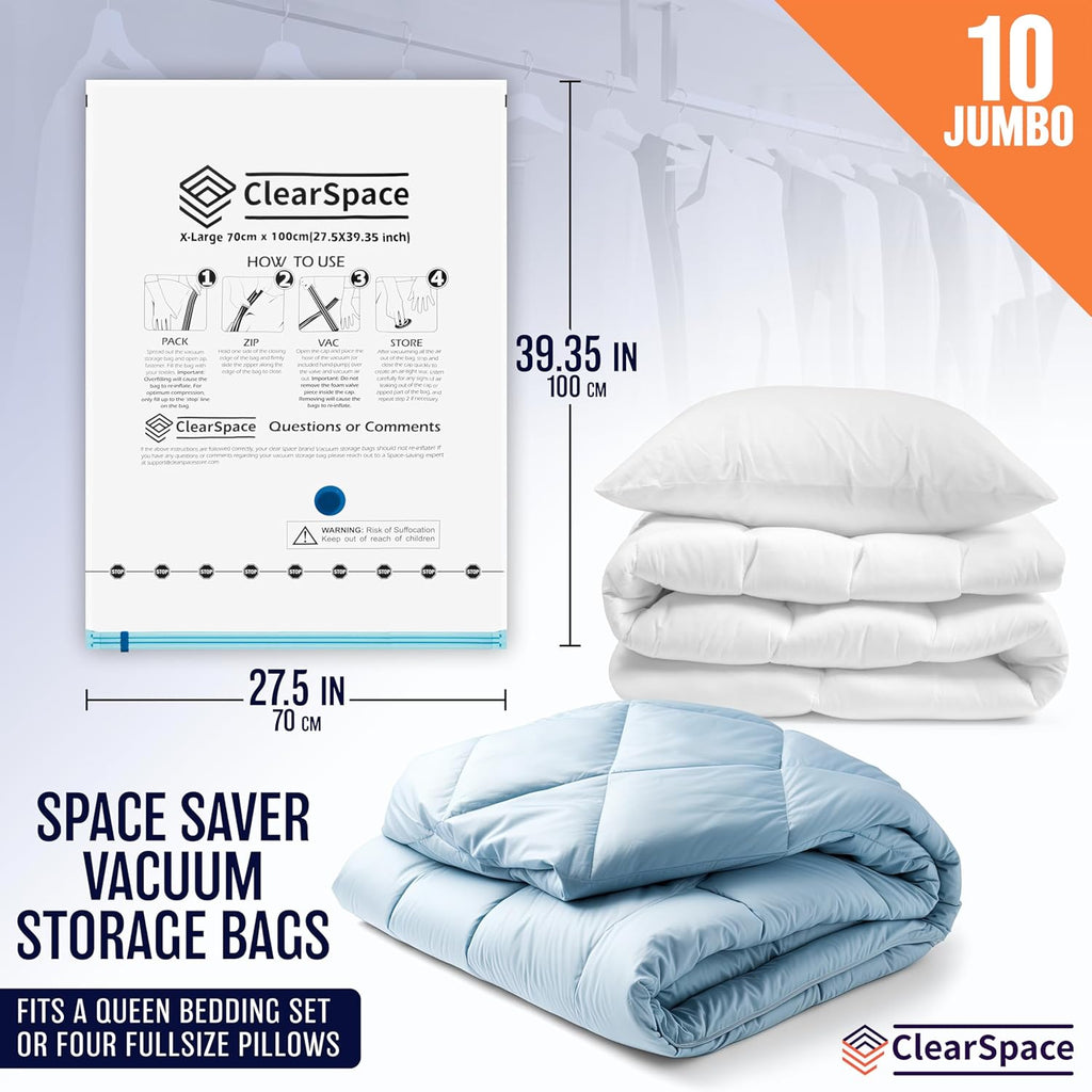 Skiennix Vacuum Seal Bags - Jumbo Space Saver Storage for Clothes & Blankets | Hand Pump Included