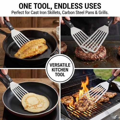 Stainless Steel Fish Spatula - 12.2 Inch Ideal Length Slotted Turner with High Heat Resistant PP Handle - Heavy Duty 1.2mm Thick Metal Flipper with Hanging Hole for Cooking & Grilling