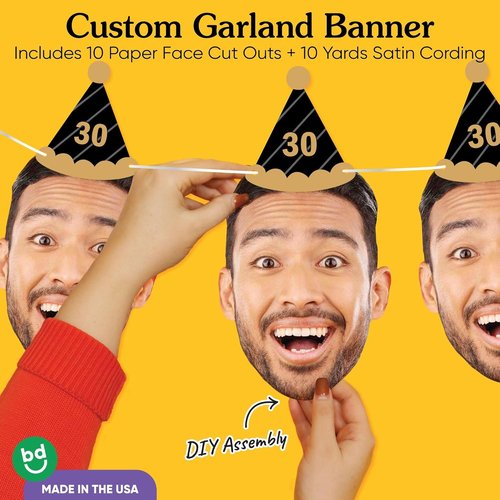 Big Dot of Happiness Black & Gold Birthday Garland Banner - Personalized Face Cut Outs, 30 Feet Long