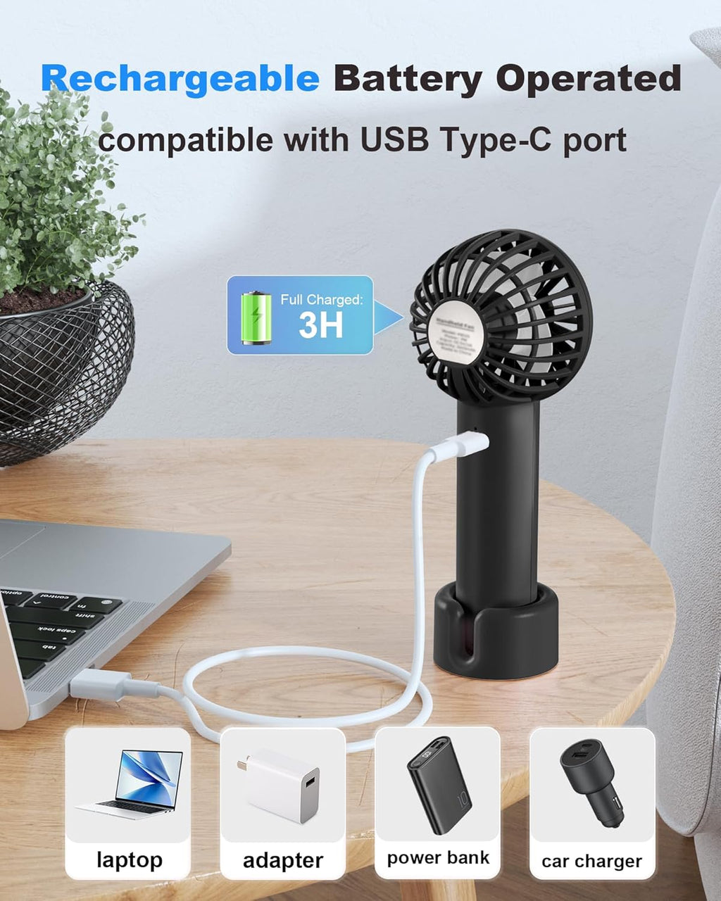 Skiennix Mini Handheld Fan - USB Rechargeable, 3-Speed Portable Design for Travel & Makeup - Black