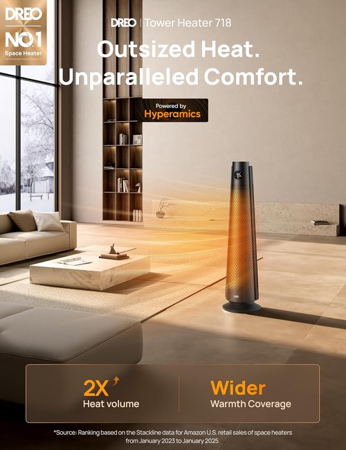 DREO Space Heater - 30" Electric Heater with Remote, 120° Oscillation & 8 Safety Features | Quiet Black Design