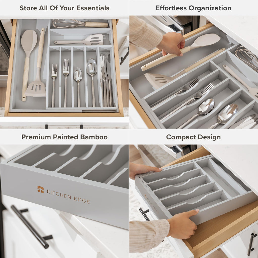 KitchenEdge Premium Silverware, Flatware and Utensil Organizer for Kitchen Drawers, Food-Safe Contract Grade, Expandable from 10.5 to 19 In, Gray Bamboo
