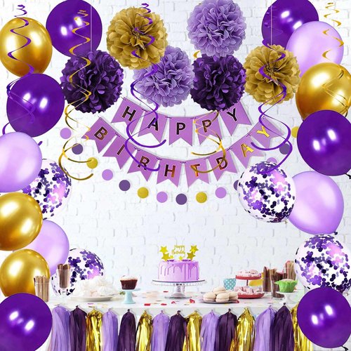 YGYXMY Purple and Gold Party Decorations for Women - Happy Birthday Banner, Balloons, Tissue Pompoms, Swirls, Tassels Garland
